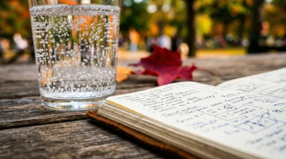 a close-up of a glass of sparkling water on a rustic park table, focusing on the fizzy bubbles rising to the surface. surrounding the glass, open notebooks filled with