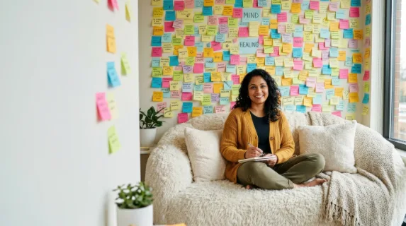 a graphic commercial composition featuring the south asian therapist lounging on a fluffy cloud sofa, visually centered in an artistic chaos of colorful sticky notes that