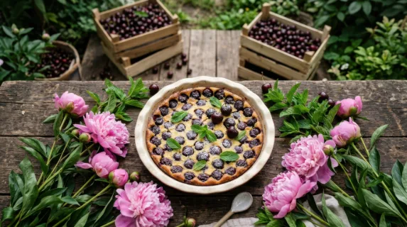 an overhead view of the freshly baked cherry clafoutis atop a rustic wooden table, framed by pink peonies and sprigs of mint. crates of fresh cherries scatter in the