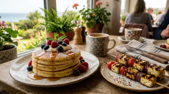 a close-up shot captures the delightful spread of fluffy pancakes and grilled halloumi skewers on the breakfast table, with soft-focus decorative tableware adding depth.