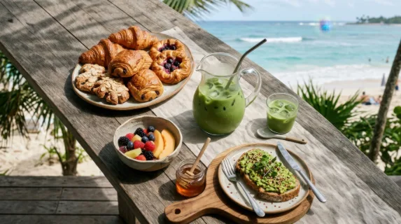 a diagonal crop capturing an overhead view of the outdoor brunch table with pastries and a pitcher of iced matcha, emphasizing the symmetry and balanced layout. the