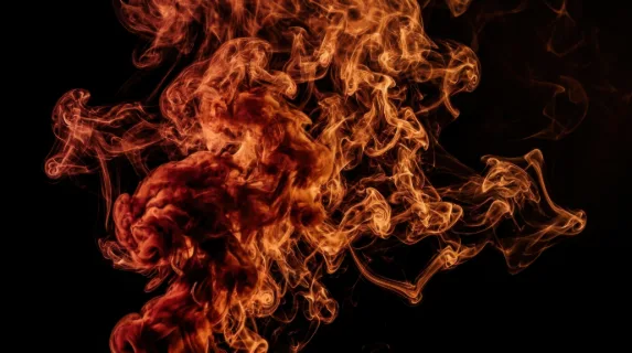 Thick billowing smoke in deep crimson and burnt orange tones slowly expanding against a pure black background, intricate turbulent wisps and curling tendrils branching