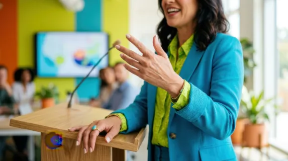 a tight focus on the executives expressive hands as she gestures confidently while presenting, details of her vibrant attire mirroring the bright color palette of the