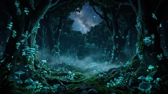 A dense bioluminescent forest at night, ancient tree trunks covered in glowing blue-green fungi emitting soft pulsing light, translucent mushrooms dotting the mossy