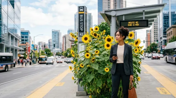a bold composition featuring the mixed-race female commuter standing at the bus stop, surrounded by the oversized sunflowers and a clear view of the vibrant urban