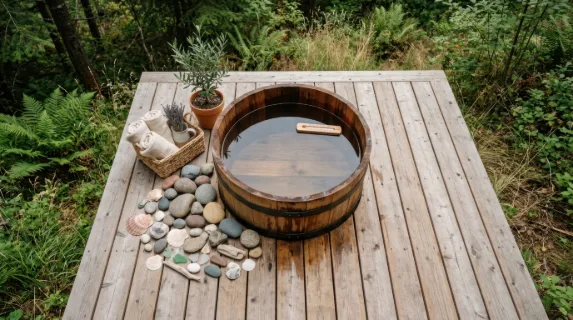 an overhead view of the cedar plunge barrel on the wooden deck, displaying the natural decor surrounding it. the smooth stones and seashells are artfully arranged