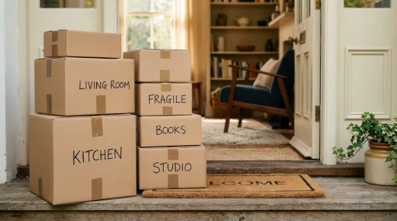 an intimate detail shot of the cardboard boxes stacked on the doorstep, revealing their textures and neat arrangement, with hints of the stylish living room visible