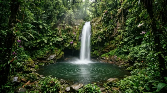 A deep jungle waterfall dropping into a perfectly circular pool surrounded by dense tropical vegetation, mist rising from the impact zone and catching filtered green