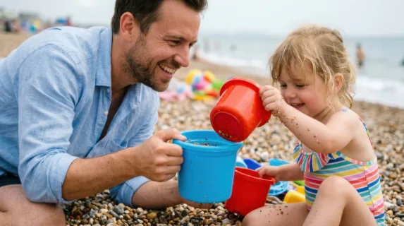 a tight focus on the bright blue container held by the smiling father, showcasing his engaged expression while his young daughter reaches for a red container beside her.