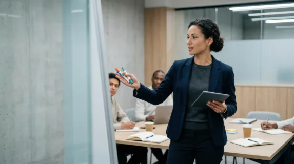 a clean and bold composition features the project leader prominently, her standing figure exuding confidence in dynamic brainstorming as she holds a tablet and colorful