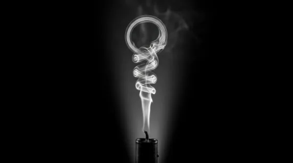 Pure white smoke ribbon rising from an extinguished candle wick, twisting into an impossibly elegant corkscrew column before dissolving into atmospheric haze, the slender