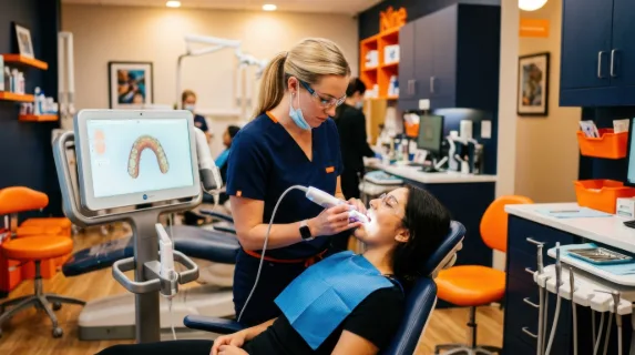 a vibrant contemporary dental office scene featuring a 28-year-old white female orthodontist focused intently on an intraoral scanner as she scans a patient's teeth. the