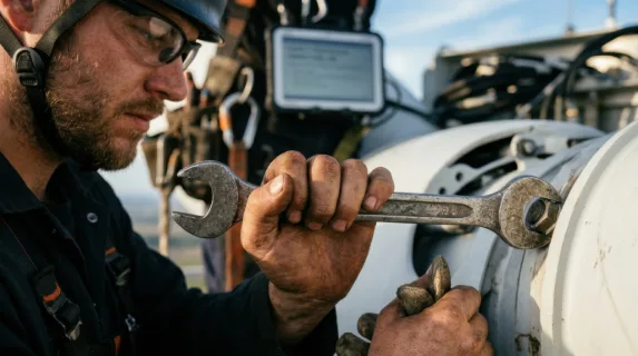 a close-up detail of the wind turbine technician's hands gripping a wrench as he inspects the turbine blade, highlighting the texture of the metal and the focus in his