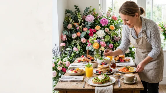 a graphic commercial shot of the food stylist against a backdrop of vibrant flowers, focused on the beautifully arranged brunch spread she serves. the composition is