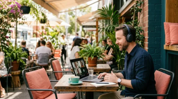 a 35-year-old caucasian male director engaged in a focused video call, sitting at a sunlit patio table in a lively cafe. the vibrant setting showcases a contemporary home