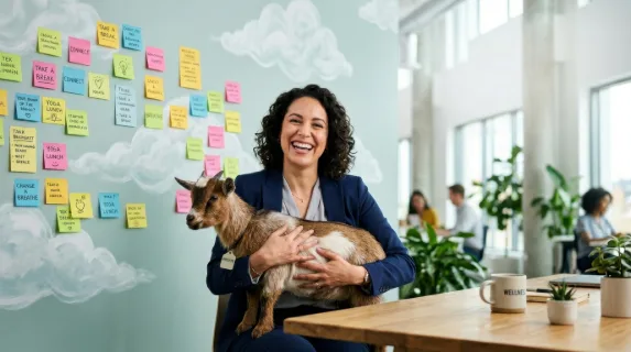 a striking composition focused on the goat held by the executive, framed by vibrant sticky notes and the ethereal cloud motifs on the walls. the setting conveys the
