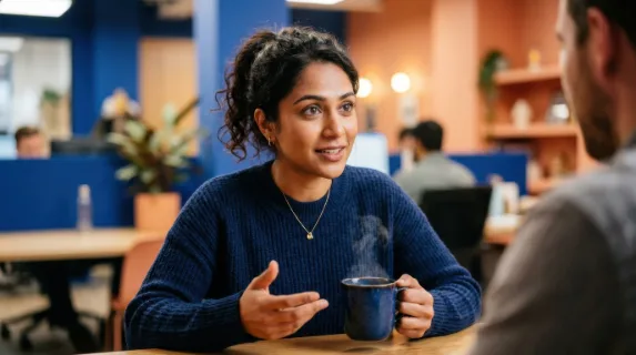 a close-up of the sales representative, deeply engaged in a performance feedback discussion, her eyes reflecting attentive listening while she gestures with a steaming