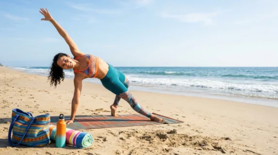a bold, graphic composition of the 33-year-old hispanic female yoga instructor in a vibrant yoga pose against a sandy shore backdrop, with an emphasis on generous