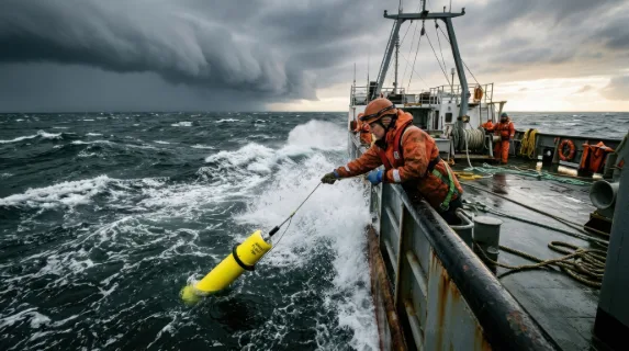 An oceanographer on a research vessel deck at storm edge, leaning over the rail lowering an instrumented Argo float into heaving grey-green swells, the float's yellow