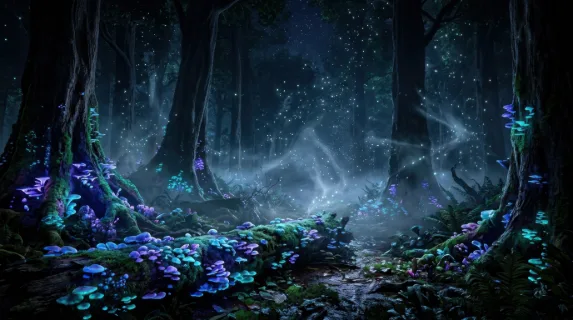 A dense bioluminescent forest at night, towering trees with softly glowing blue and violet fungi clustered around their roots, misty ground fog catching scattered light