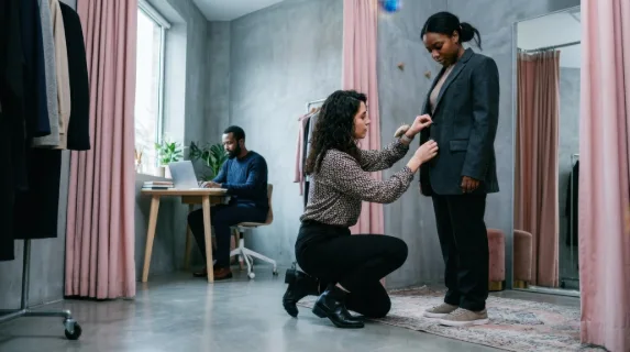 from a low angle, the stylist actively pins garments on a client in the modern fitting room, while the 28-year-old east african male virtual assistant is visible in the