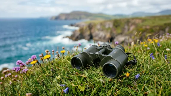 a close-up view of a pair of binoculars resting on the grass, surrounded by vibrant flowering plants and the vivid colors of the coastal landscape. the textures of the