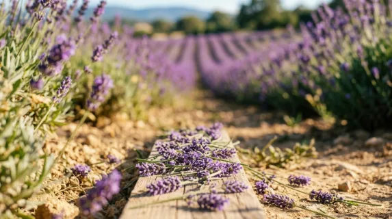 a tight focus on a few sprigs of lavender scattered among the vibrant rows, emphasizing their aromatic texture and rich purple hues. the warm sandy tones in the