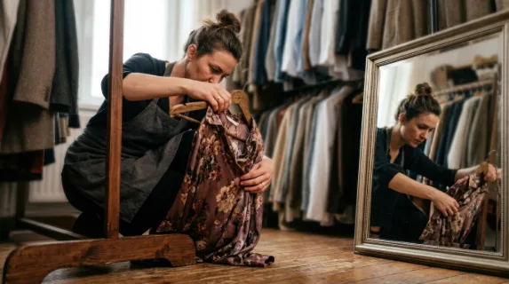 from a distinct angle, a low perspective captures the stylist's hands actively engaging in the arrangement of the blouse within the wardrobe setup. this candid