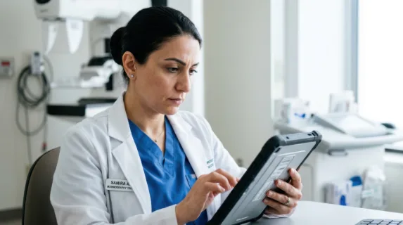 a tight focus on the 38-year-old middle eastern female mammography technologist as she documents patient information on a tablet, showcasing her concentration and
