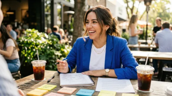 a 25-year-old hispanic female intern engaged in a brainstorming session is captured in a close-up scene, surrounded by printed notes and two iced americanos on a sunny