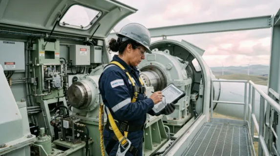 a 45-year-old hispanic female wind turbine technician, equipped with safety harnesses, focuses intently on documenting damage on a tablet. she stands in front of a