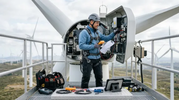 a 36-year-old hispanic male wind turbine technician confidently inspecting a wind turbine, positioned centrally amid neatly organized tools and equipment for tower