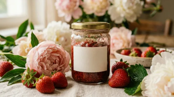 an intimate detail shot of the blank-label strawberry jam jar, highlighting its texture and glistening surface, surrounded by fresh strawberries and peonies. the soft