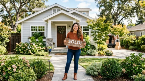 a joyful 38-year-old hispanic female homebuyer poses outside her newly acquired light gray house, holding a sold sign, underscoring the excitement of moving day. the