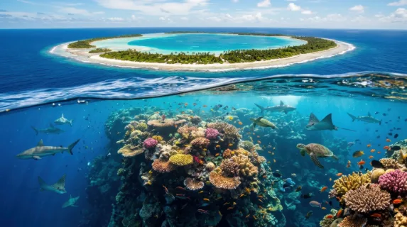 A cross-section diagram made physical, showing a living coral atoll from aerial view above transitioning seamlessly into an underwater cutaway below the waterline, above