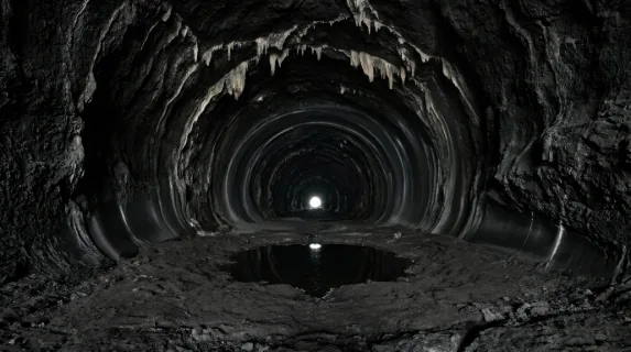 A massive black lava tube interior stretching hundreds of meters, the tunnel perfectly cylindrical and smooth-walled from ancient flowing lava, the floor flat and dark, a