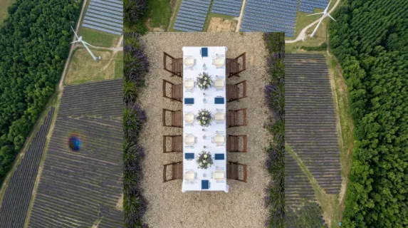 a distinct secondary angle offers a top-down view of a picnic table set for corporate meetings, with elegant tablecloths and fresh flower arrangements meticulously placed