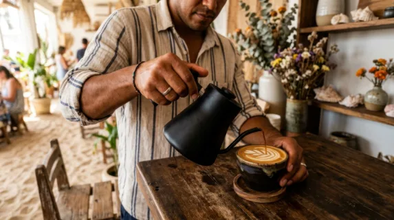 a close-up detail of a hispanic male baristas hands gracefully pouring coffee into a cup, capturing the textural nuances of his casual summer outfit and the sandy cafe