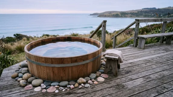 a serene cedar plunge barrel is prominently placed on a rustic wooden deck, surrounded by smooth stones and delicate seashells. soft natural light filters through