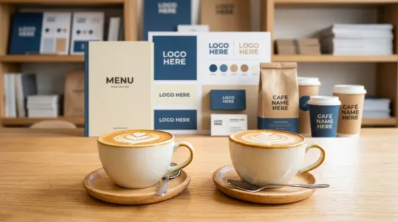 a clean, graphic commercial composition focusing on the two cappuccinos at the forefront, with blur effects on the mockups behind. the artistic presentation allows for