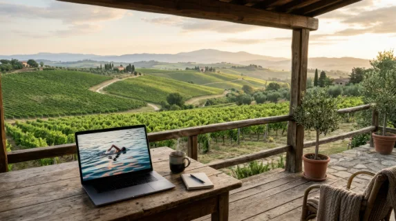 a serene landscape featuring a rustic wooden terrace with a laptop open, displaying a vibrant image of a swimmer's reflection, overlooking rolling vineyard hills. the