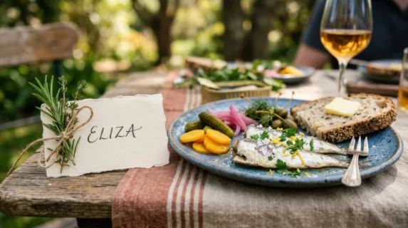 a close-up of a handwritten name tag next to a beautifully arranged plate of tinned fish and pickles, highlighting the craftsmanship of the picnic setup. the gentle,