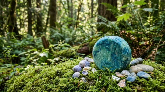 a serene shampoo bar rests prominently on a bed of wet moss, surrounded by a lush forest backdrop. the vibrant ocean blue and seafoam green hues of the shampoo bar
