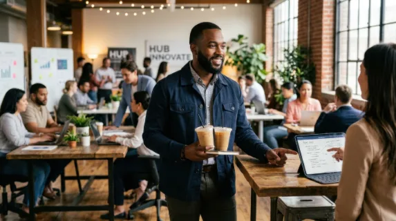 a 30-year-old black male project manager stands confidently in a bustling coworking space, holding two iced lattes in one hand while poised over a tablet displaying