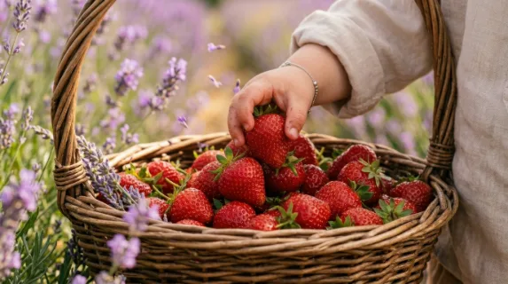 a close-up of a child's hands eagerly reaching into a woven basket, grasping fresh strawberries. the tactile texture of the basket contrasts with the smooth, vibrant red
