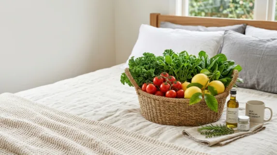 a graphic advertising-style shot of the vibrant retreat welcome kit on the cozy bed, featuring the woven basket with bright red tomatoes, crisp greens, and soft yellow