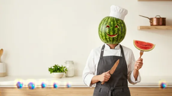 a graphic commercial composition featuring the chef as the hero, showcasing her watermelon head against a clean backdrop filled with minimal distracting elements