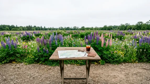 a bold, graphic commercial composition features the natural wooden table as the central subject, with the detailed map and iced coffee cup neatly arranged. generous