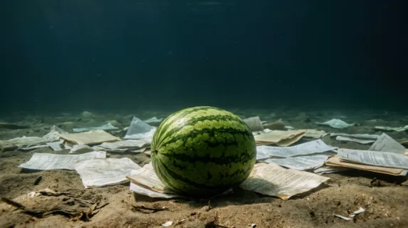 a graphic commercial shot featuring the watermelon prominently in the foreground, surrounded by submerged paperwork, with generous negative space above for text overlay