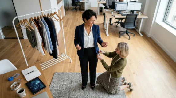 an overhead view of the engaged interaction between the stylist and the 45-year-old hispanic female model as they navigate the fitting process in a light-filled legal
